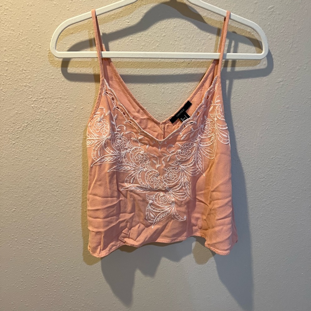 Forever 21 Pink Camisole with White Embroidery